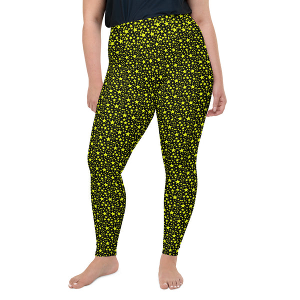 Bright Yellow Rock Star Pattern Print Women's Plus Size Leggings Yoga Pants- Made in USA-Women's Plus Size Leggings-2XL-Heidi Kimura Art LLC