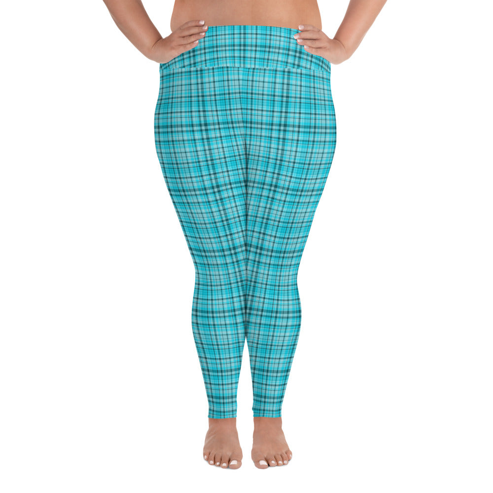 Crystal Blue British Plaid Print Women's High Waist Elastic Long Yoga Pants-Women's Plus Size Leggings-2XL-Heidi Kimura Art LLC
