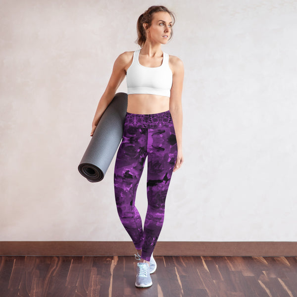 Purple Abstract Yoga Leggings, Floral Long Tights-Made in USA/EU-Heidi Kimura Art LLC-Heidi Kimura Art LLC