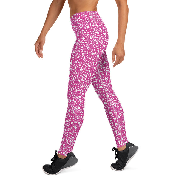 Pink White Stars Print Pattern Women's Designer Yoga Leggings Pants- Made in USA/EU-Leggings-Heidi Kimura Art LLC Pink White Stars Women's Leggings, Pink White Stars Print Pattern Premium Women's Active Wear Fitted Leggings Sports Long Yoga & Barre Pants, Sportswear, Gym Clothes, Workout Pants - Made in USA/ EU (US Size: XS-XL)