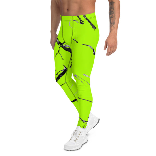 Neon Green Marble Men's Leggings, Bright Marble Print Meggings-Heidikimurart Limited -Heidi Kimura Art LLC Neon Green Marble Men's Leggings, Bright Marble Print Classic Premium Best Meggings Compression Tights Sexy Meggings Men's Workout Gym Tights Leggings, Men's Compression Tights Pants - Made in USA/ EU/ MX (US Size: XS-3XL) 
