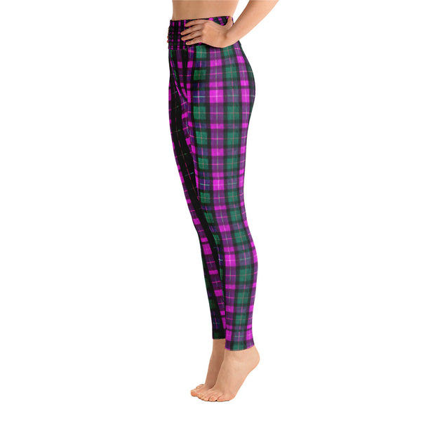 Women's Pink Plaid Active Wear Fitted Leggings Sports Long Yoga Pants - Made in USA (S-XL)-Leggings-Heidi Kimura Art LLC Pink Plaid Women's Leggings, Women's Pink Plaid Active Wear Fitted Leggings Sports Long Yoga Pants - Made in USA/EU (US Size: S-XL)
