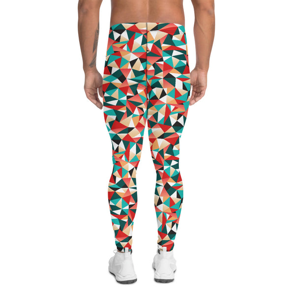 Red Geometric Mixed Men's Leggings, Best Sports Tights Meggings For Men-Heidikimurart Limited -Heidi Kimura Art LLC Red Geometric Fashion Men's Leggings, Stylish Colorful Sexy Meggings Men's Workout Gym Tights Leggings, Men's Compression Tights Pants - Made in USA/ EU/ MX (US Size: XS-3XL) 