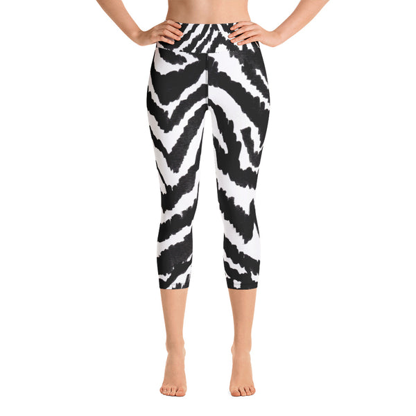 White Black Zebra Stripe Animal Print Women's Yoga Capri Leggings- Made in USA (XS-XL)-Capri Yoga Pants-XS-Heidi Kimura Art LLC