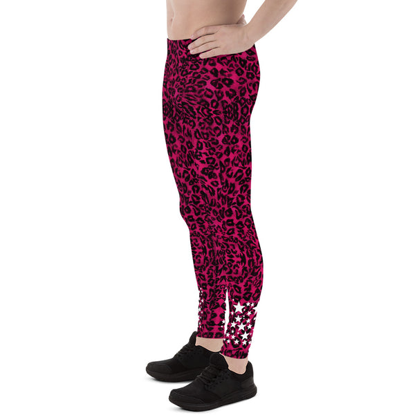 Hot Pink Leopard Star Meggings, Premium Men's Leggings Run Tights-Made in USA/EU-Heidi Kimura Art LLC-Heidi Kimura Art LLC Hot Pink Leopard Star Meggings, Leopard Animal Print 38-40 UPF Fitted Elastic Men's Leggings Sexy Workout Compression Tights/ Pants- Made in USA/EU (US Size: XS-3XL)