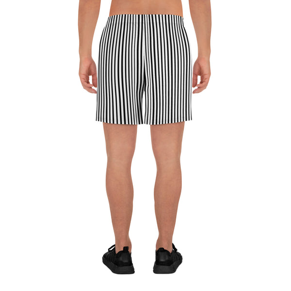 Modern Vertical Stripes Black White Men's Athletic Long Workout Shorts Pants- Made in EU-Men's Long Shorts-Heidi Kimura Art LLC