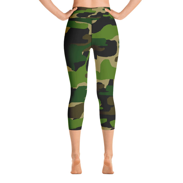 Women's Military Green Camouflage Print Yoga Capri Yoga Pants Leggings Tights-Capri Yoga Pants-Heidi Kimura Art LLC