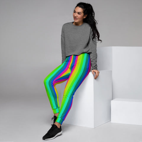 Bright Rainbow Stripe Women's Joggers, Gay Pride Festival Colorful Vertical Stripes Circus Slit Fit Soft Women's Joggers Sweatpants -Made in EU (US Size: XS-3XL) Plus Size Available, Women's Joggers, Soft Joggers Pants Womens, Women's Long Joggers, Women's Soft Joggers, Lightweight Jogger Pants Women's, Women's Athletic Joggers, Women's Jogger Pants