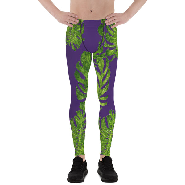 Purple Green Tropical Leaf Print Men's Leggings Tight Pants -Made in USA(US Size: XS-3XL)-Men's Leggings-XS-Heidi Kimura Art LLC