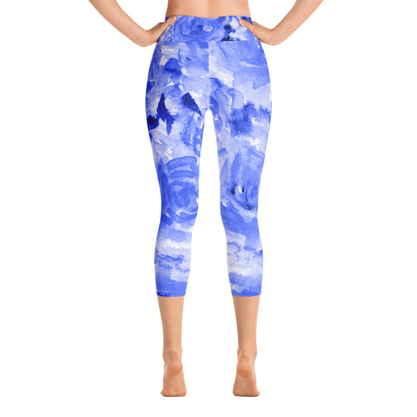 Ocean Blue Rose Floral Print Capri Leggings Yoga Pants - Made in USA (XS-XL)-Capri Yoga Pants-Heidi Kimura Art LLC