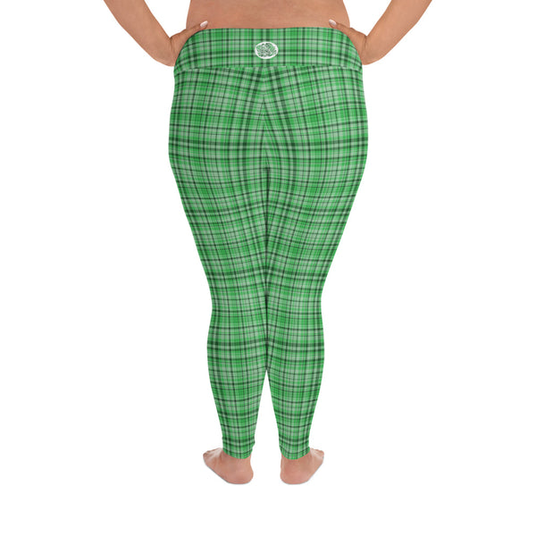 Green Tartan Plaid Print High Waist Elastic Women's Long Yoga Pants Leggings-Women's Plus Size Leggings-Heidi Kimura Art LLC