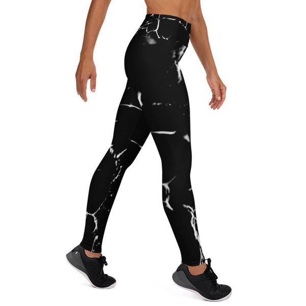 Black Marble Print Women's Leggings, Modern Long Yoga Leggings - Made in USA/EU-Leggings-Heidi Kimura Art LLC