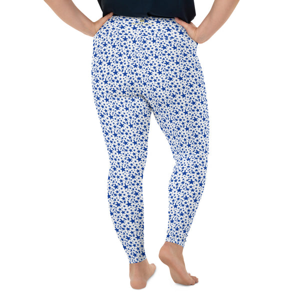 White Blue Star Pattern Print Women's Designer Plus Size Leggings Tights- Made in USA/EU-Women's Plus Size Leggings-Heidi Kimura Art LLC