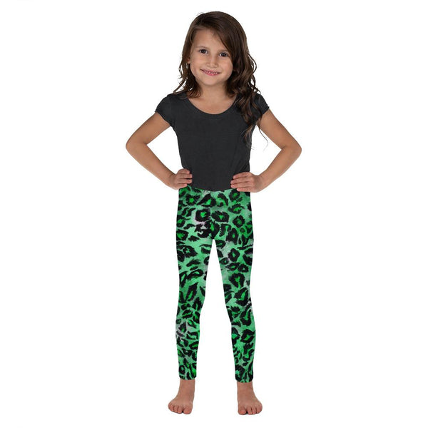 Green Leopard Animal Print Premium Kid's Leggings Running Tights- Made in USA/EU-Kid's Leggings-2T-Heidi Kimura Art LLC