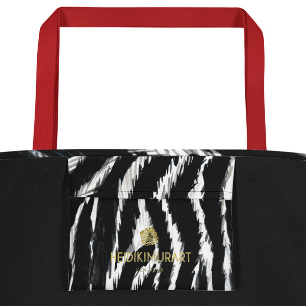 Chic Black White Zebra Animal Pattern Print Large Tote 16"x20" Beach Bag- Made in USA/EU-Beach Tote Bag-Heidi Kimura Art LLC