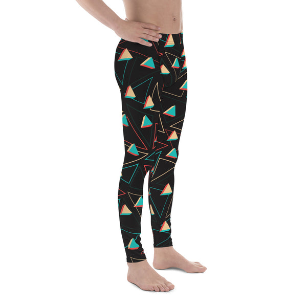 Triangular Geometric Colorful Print Men's Black Running Leggings & Run Colorful Tights-Men's Leggings-Heidi Kimura Art LLC