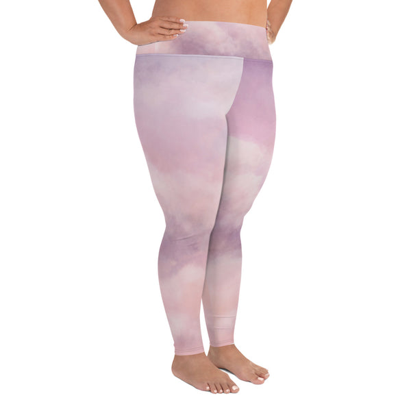 Purple Pink Sky Clouds Abstract Print Women's Plus Size Yoga Leggings- Made in USA/ EU-Women's Plus Size Leggings-Heidi Kimura Art LLC Purple Abstract Plus Size Leggings, Pink Sky Clouds Tights, Purple Pink Sky Clouds Abstract Print Premium Quality Women's Long Yoga Pants Plus Size Leggings For Curvy Women -Made in USA/ EU (US Size: 2XL-6XL)