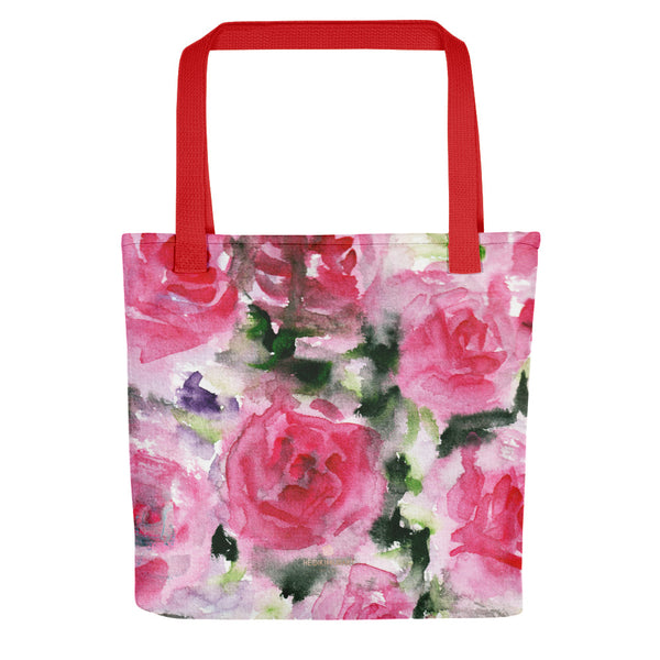 Spring Girlie Pink Rose Floral Flower Designer 15"x15" Market Tote Bag - Made in USA/EU-Tote Bag-Red-Heidi Kimura Art LLC