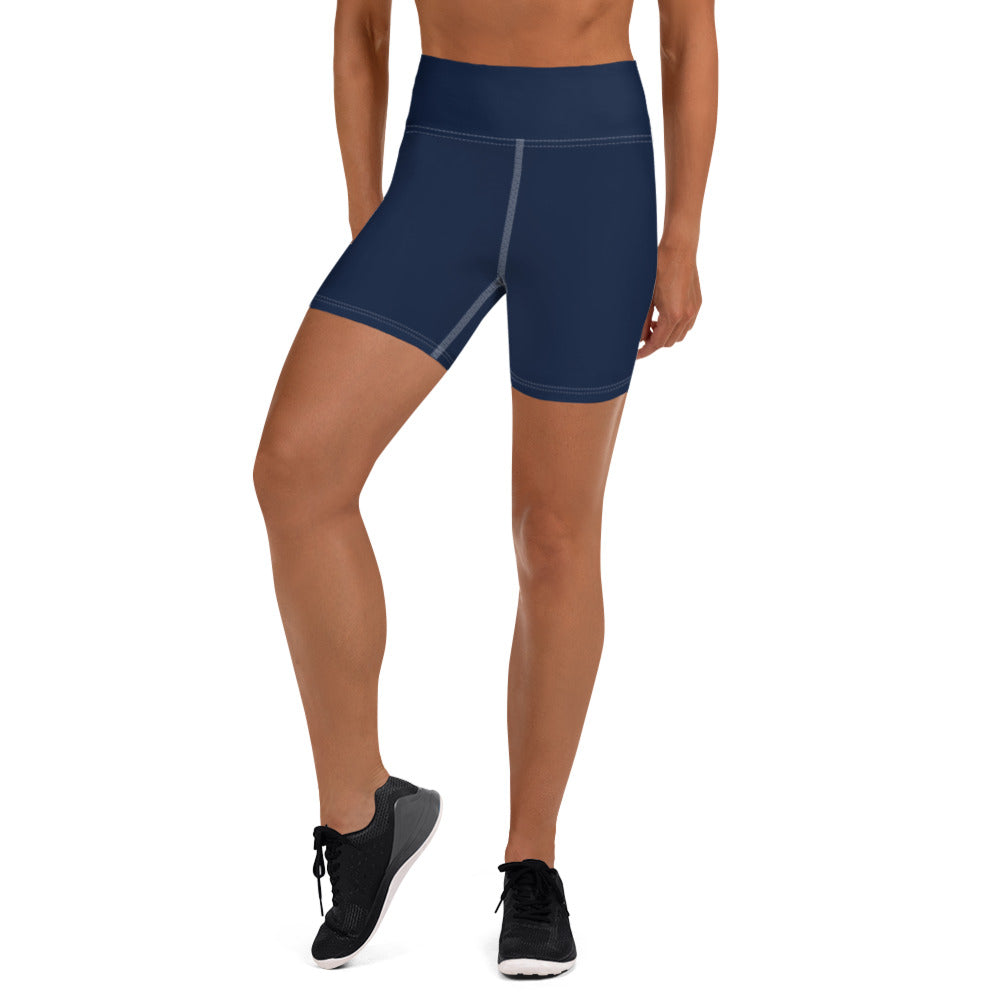 Navy Blue Yoga Shorts, Dark Blue Solidi Color Classic Premium Quality Women's High Waist Spandex Fitness Workout Yoga Shorts, Yoga Tights, Fashion Gym Quick Drying Short Pants With Pockets - Made in USA/EU (US Size: XS-XL)