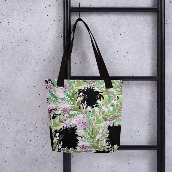 Black Lavender Floral Print Women's Designer Tote Bag- Made in USA/EU-Black-Heidi Kimura Art LLC