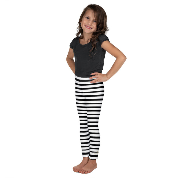 White Black Horizontal Stripe Print Kid's Leggings Elastic Fitness Tights- Made in USA/ EU-Kid's Leggings-Heidi Kimura Art LLC