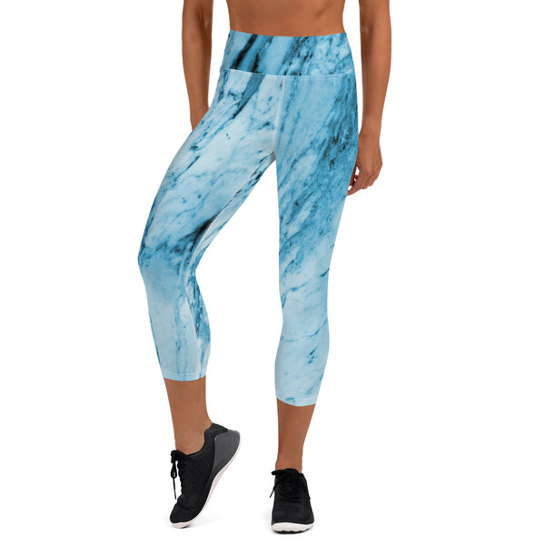 Blue Marble Yoga Capri Leggings, Abstract Print Capris Tights-Made in USA/EU-Heidi Kimura Art LLC-Heidi Kimura Art LLC