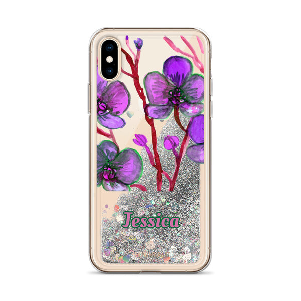 Personalized Orchid Glitter iPhone Case, Floral Print Liquid Glitter Phone Case-Heidi Kimura Art LLC-Silver-iPhone X/XS-Heidi Kimura Art LLC