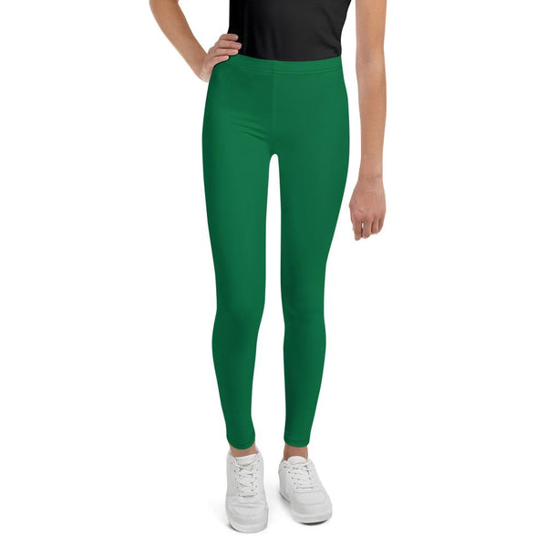 Emerald Green Solid Color Premium Youth Leggings Compression Tights-Made in USA/EU-Youth's Leggings-8-Heidi Kimura Art LLC