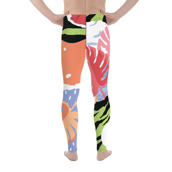 Green Tiger Stripe Tropical Leaf Print Summer Men's Leggings Tights Pants- Made in USA/EU-Men's Leggings-Heidi Kimura Art LLC