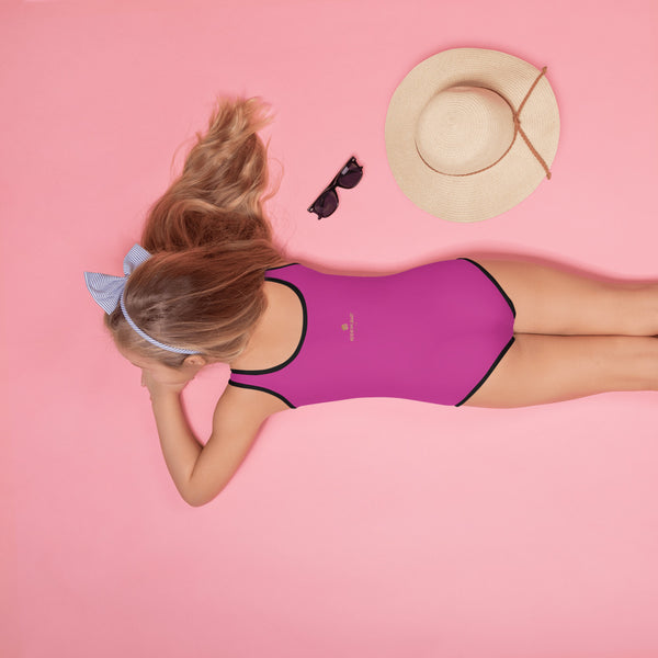Hot Pink Solid Color Print Kids Cute Girl's Spandex Swimsuit- Made in USA-Kid's Swimsuit (Girls)-Heidi Kimura Art LLC