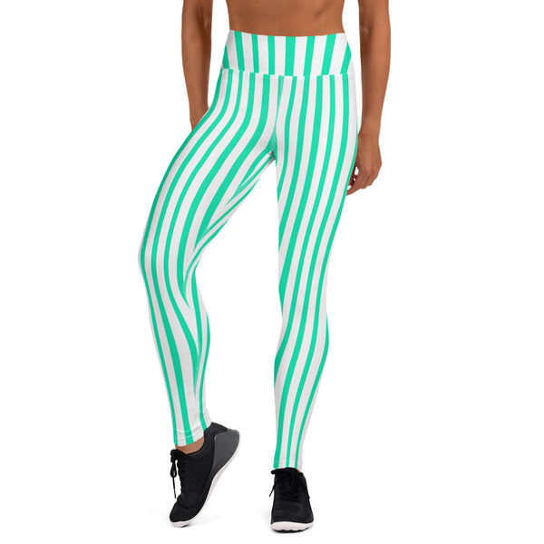 Blue Striped Yoga Leggings, Women's Yoga Pants- Made in USA/EU-Heidi Kimura Art LLC-Heidi Kimura Art LLC