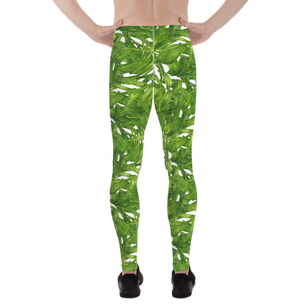 White Green Tropical Leaves Print Men's Leggings Tights Meggings- Made in USA/EU-Men's Leggings-Heidi Kimura Art LLC