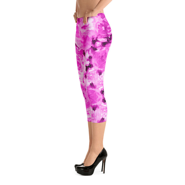 Pink Rose Capri Leggings, Floral Print Women's Capris Tights-Made in USA/EU-Heidi Kimura Art LLC-Heidi Kimura Art LLC