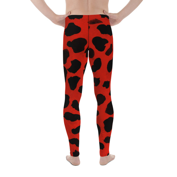 Cow Print Red 38-40 Upf Fitted Yoga Pants Running Leggings & Tights- Made in USA/EU-Men's Leggings-Heidi Kimura Art LLC
