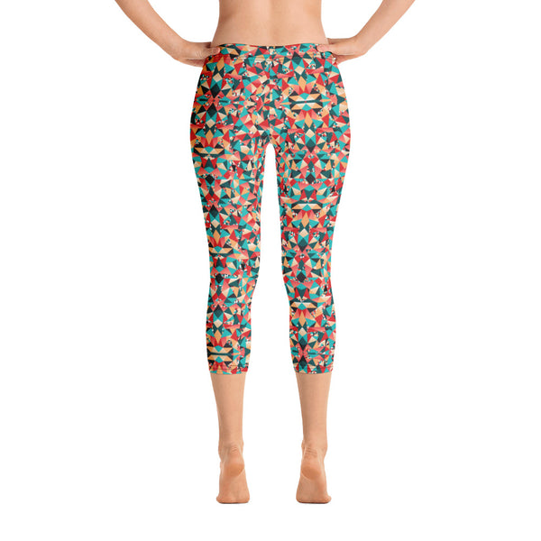 Red Geometric Women's Capri Leggings, Colorful Sexy Workout Ladies Capris Tights-Heidikimurart Limited -Heidi Kimura Art LLC