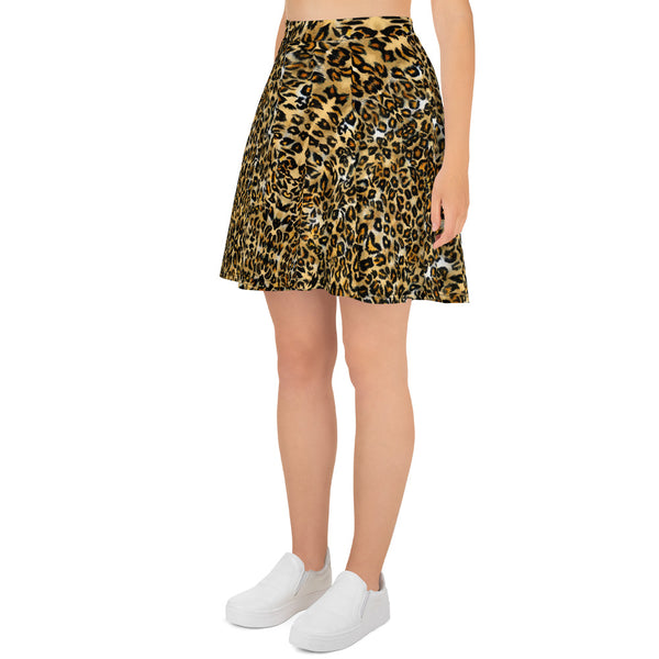 Brown Leopard Print Women's Skater Skirt, Best Brown Leopard Animal Print Sexy Print High-Waisted Mid-Thigh Women's Skater Skirt, Plus Size Available - Made in USA/EU (US Size: XS-3XL) Animal Print skirt, Leopard Print Skater Skirt, Leopard Skater Skirt