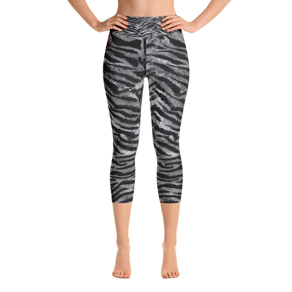 Gray Tiger Striped Women's Capri Sports Leggings Yoga Pants - Made in USA-Capri Yoga Pants-XS-Heidi Kimura Art LLC