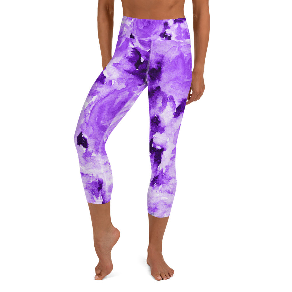 Purple Floral Yoga Capri Leggings, Abstract Flower Printed Leggings, Modern Sporty Print Capri Leggings Yoga Pants - Made in USA/EU (US Size: XS-XL) Bright Color Leggings, Pink Dressy Capri Leggings, Pink Capri Leggings, Pink Leggings Womens With Black Stripes 