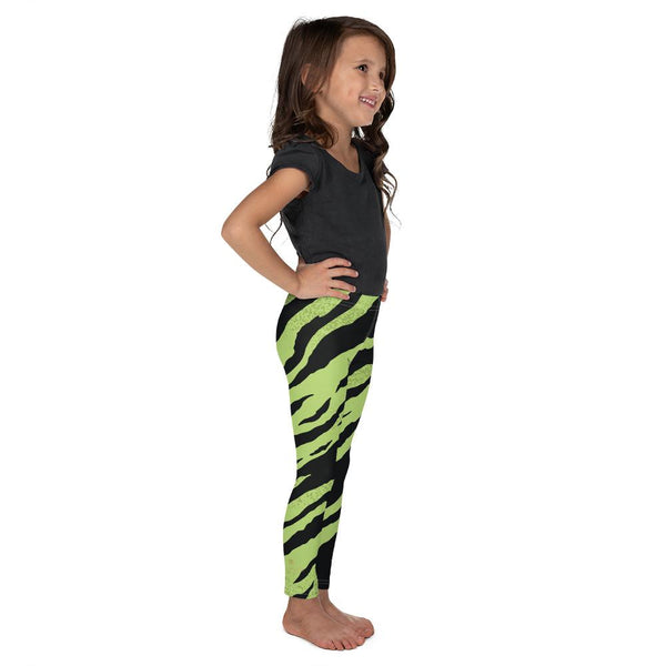 Green Tiger Stripe Print Kid's Workout Running Leggings Comfy Pants- Made in USA/EU-Kid's Leggings-Heidi Kimura Art LLC