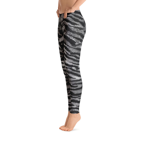 Black Grey Tiger Striped Women's Long Casual Leggings/ Running Tights - Made in USA-Casual Leggings-Heidi Kimura Art LLC