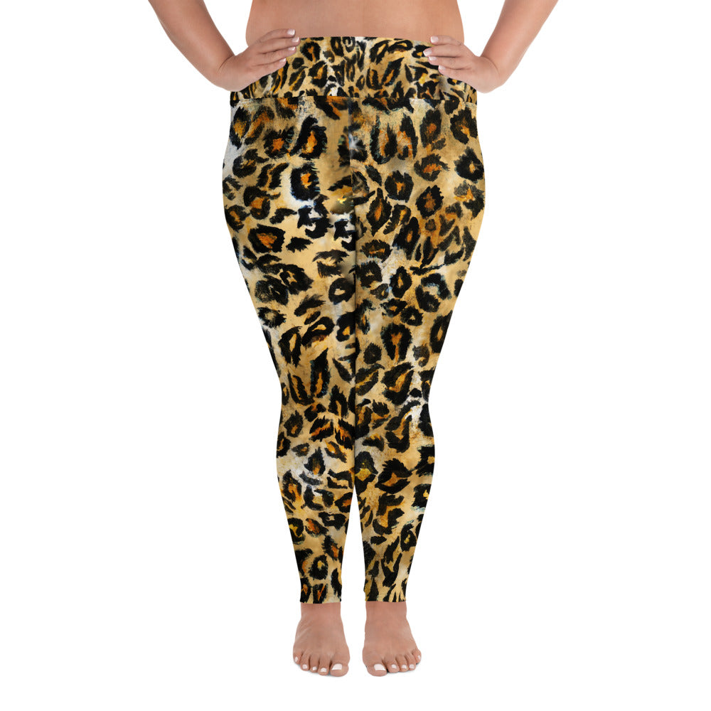Leopard Animal Print Plus Size Leggings For Curvy Women- Made in USA (US Size: 2XL-6XL)-Women's Plus Size Leggings-2XL-Heidi Kimura Art LLC