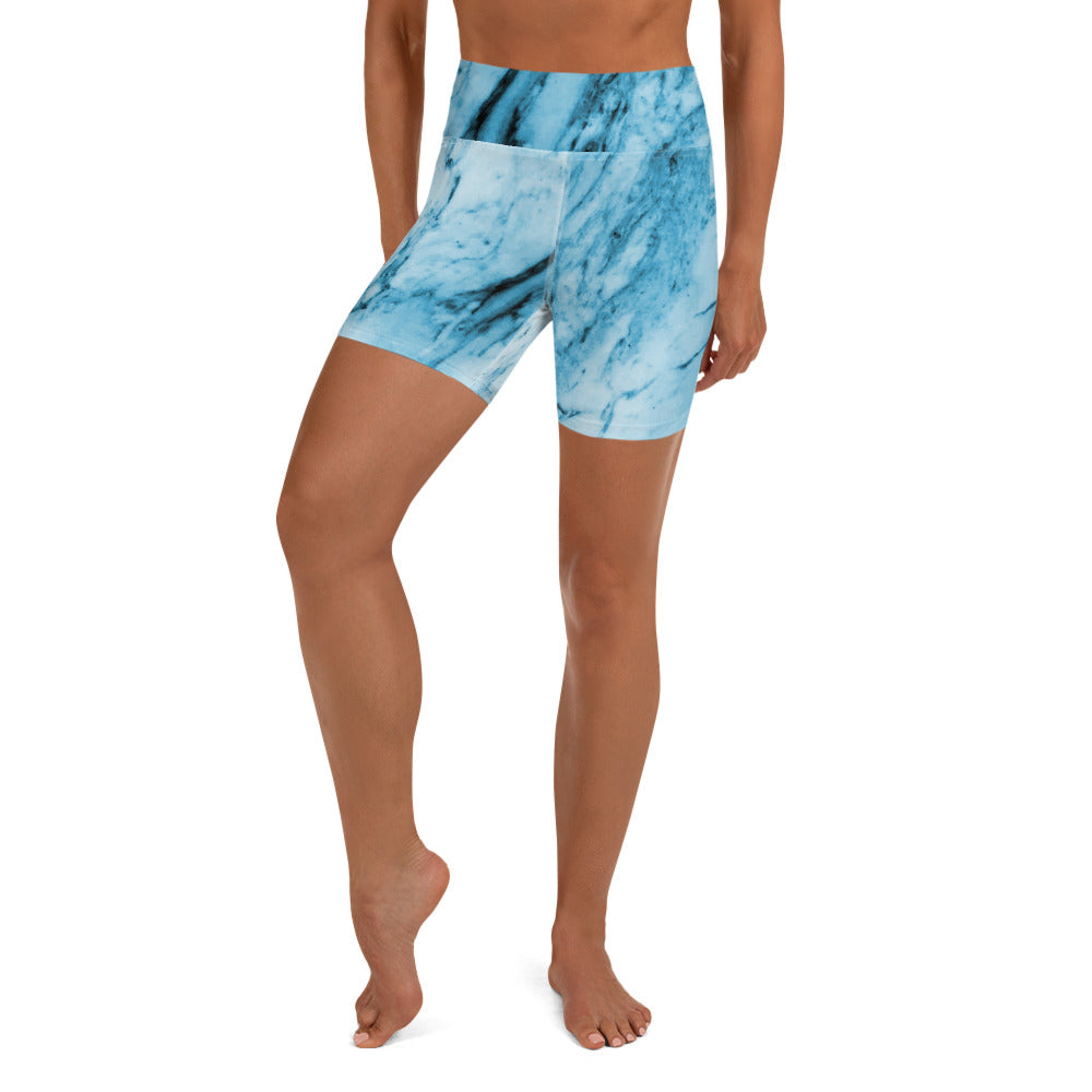 Blue Marble Yoga Shorts, Abstract Print Women's Shorts-Made in USA/EU-Heidi Kimura Art LLC-XS-Heidi Kimura Art LLC