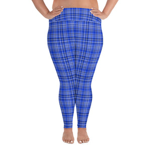 Women'sBlue Plaid Print High Waist Long Yoga Pants Plus Size Leggings-Made in USA (US Size: 2XL-6XL)-Women's Plus Size Leggings-2XL-Heidi Kimura Art LLC