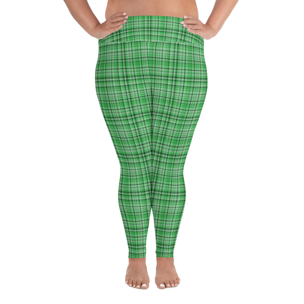 Green Tartan Plaid Print High Waist Elastic Women's Long Yoga Pants Leggings-Women's Plus Size Leggings-2XL-Heidi Kimura Art LLC