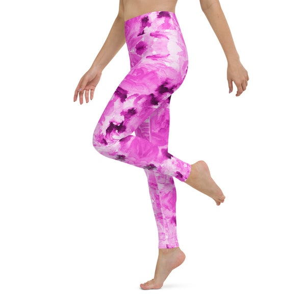 Hot Pink Floral Yoga Leggings, Abstract Print Women's Tights-Made in USA/EU-Heidi Kimura Art LLC-Heidi Kimura Art LLC