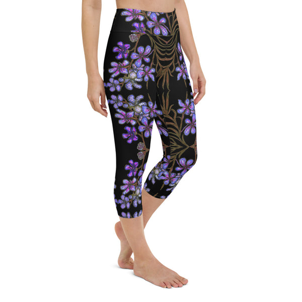 Violet Purple Yoga Capri Leggings, Orchids Floral Print Capris Tights-Made in USA/EU-Heidi Kimura Art LLC-Heidi Kimura Art LLC