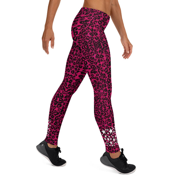 Pink Leopard Women's Leggings, White Stars Casual Tights-Made in USA/EU-Heidi Kimura Art LLC-Heidi Kimura Art LLC