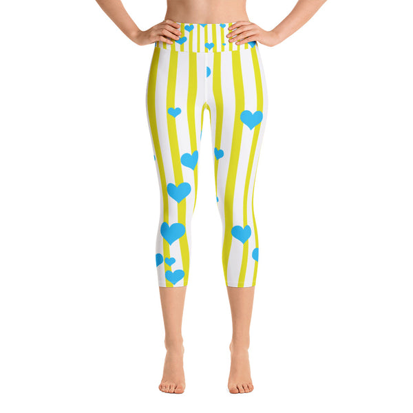 Yellow Striped Women's Yoga Capri Pants Leggings With Pockets - Made in USA-Capri Yoga Pants-XS-Heidi Kimura Art LLC