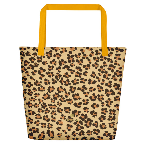 Brown Beige Chic Leopard Animal Print Designer Beach Market Tote Bag-Made in USA/EU-Beach Tote Bag-Yellow-Heidi Kimura Art LLC