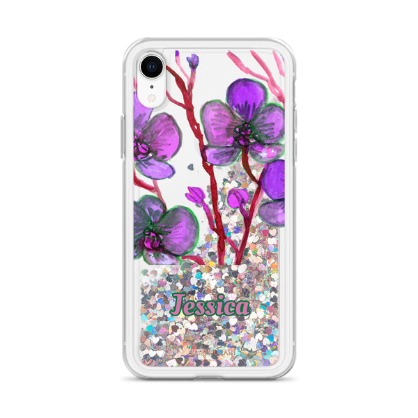 Personalized Orchid Glitter iPhone Case, Floral Print Liquid Glitter Phone Case-Heidi Kimura Art LLC-Pink-iPhone XR-Heidi Kimura Art LLC